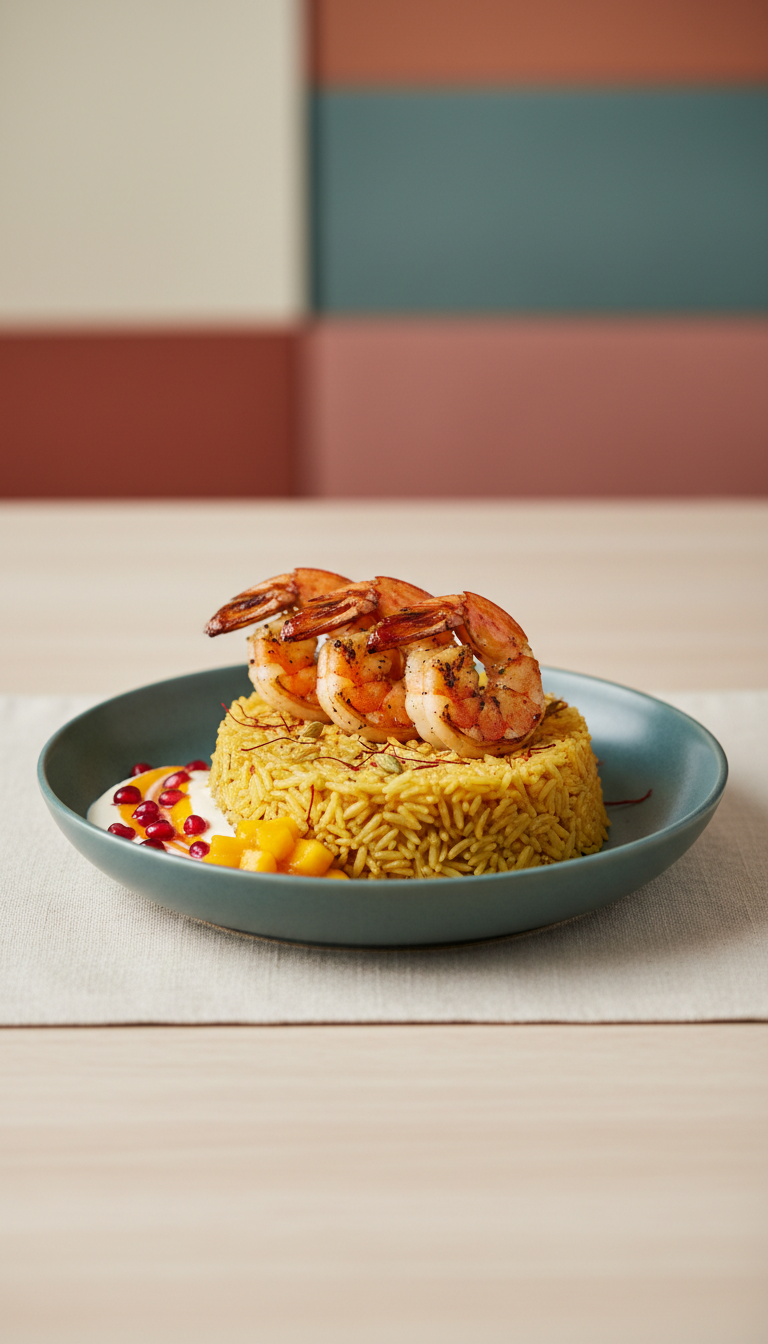 Bowl de arroz azafrán-cardamomo con camarones
